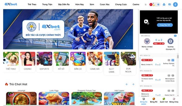 Giao diện bảng điều khiển của 8xbet hiển thị các trò chơi và cược thể thao.