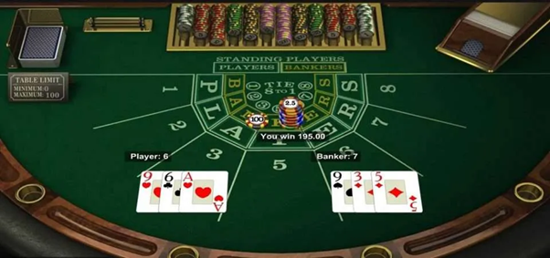 Hình ảnh người chia bài và người chơi tham gia 3 Card Baccarat tại bàn cược.